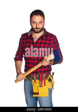 Worker with plaid shirt on white background Stock Photo