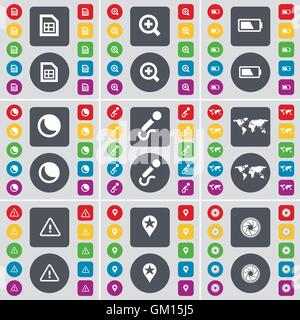 File, Magnifying glass, Battery, Moon, Microphone, Globe, Warning, Checkpoint, Lens icon symbol. A large set of flat, colored buttons for your design. Vector Stock Vector