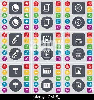 Moon, Scroll, Arrow left, Microphone, Media player, Laptop, Umbrella, Battery, Diagram file icon symbol. A large set of flat, colored buttons for your design. Vector Stock Vector