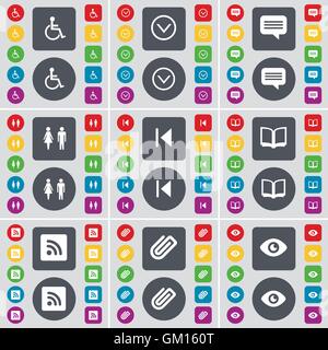 Disabled person, Arrow down, Chat bubble, Silhouette, Media skip, Book, RSS, Clip, Vision icon symbol. A large set of flat, colored buttons for your design. Vector Stock Vector