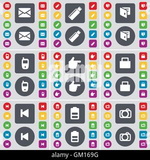 Message, USB, Wallet, Mobile phone, Hand, Lock, Media skip, Battery, Camera icon symbol. A large set of flat, colored buttons for your design. Vector Stock Vector