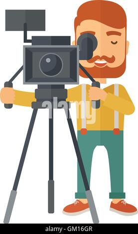 Videographer and his video cam with tripod. Stock Vector