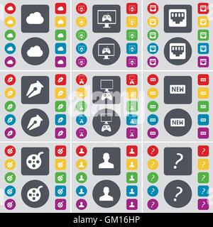Cloud, Monitor, Socket, Ink pen, Gamepad, New, Videotape, Avatar icon symbol. A large set of flat, colored buttons for your design. Vector Stock Vector