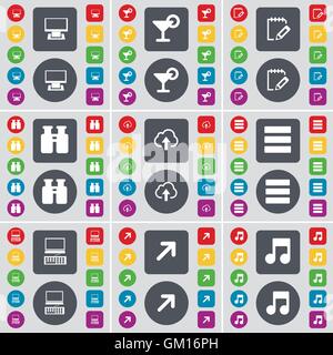 Monitor, Cocktail, Notebook, Binoculars, Cloud, Apps, Laptop, Full screen, Note icon symbol. A large set of flat, colored buttons for your design. Vector Stock Vector