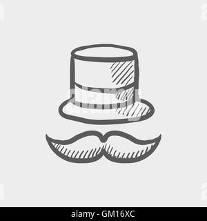 Vintage fashion hat and mustache sketch icon Stock Vector
