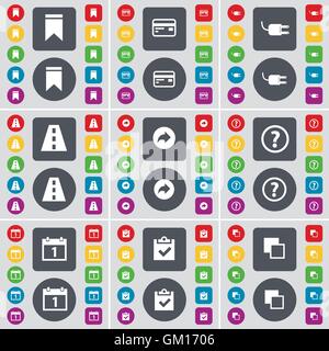 Marker, Credit, Socket, Road, Back, Question mark, Calendar, Sur icon symbol. A large set of flat, colored buttons for your design. Vector Stock Vector