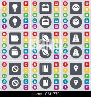 Light bulb, Calendar, Clock, Wallet, Planet, Road, Stop, Dictionary, Checkpoint icon symbol. A large set of flat, colored buttons for your design. Vector Stock Vector