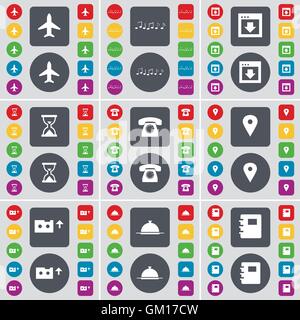 Airplane, Note, Window, Hourglass, Receiver, Checkpoint, Cassette, Tray, Notebook icon symbol. A large set of flat, colored buttons for your design. Vector Stock Vector