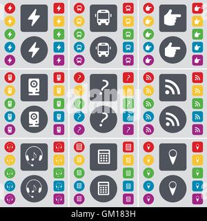 Flash, Bus, Hand, Speaker, Question mark, RSS, Headphones, Calculator, Checkpoint icon symbol. A large set of flat, colored buttons for your design. Vector Stock Vector