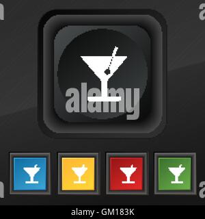 cocktail icon symbol. Set of five colorful, stylish buttons on black texture for your design. Vector Stock Vector