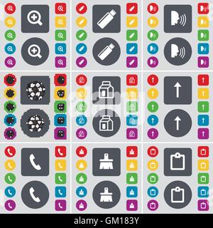Magnifying glass, USB, Talk, Ball, Pack, Arrow up, Receiver, Brush, Survey icon symbol. A large set of flat, colored buttons for Stock Vector