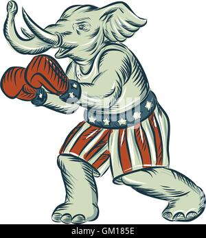 Republican Elephant Boxer Mascot Isolated Etching Stock Vector