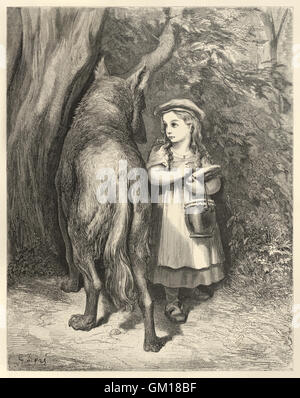 ‘”I’m going to my Granny’s to carry this jar And this cage from my mother.” “Indeed! Is it far?” Illustration from ‘Little Red Riding Hood’ by Paul Gustave Doré (1832-1883). See description for more information. Stock Photo