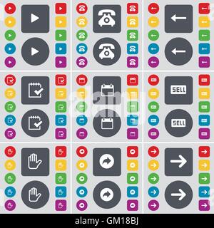 Media play, Retro phone, Arrow left, Survey, Calendar, Sell, Hand, Back, Arrow right icon symbol. A large set of flat, colored buttons for your design. Vector Stock Vector