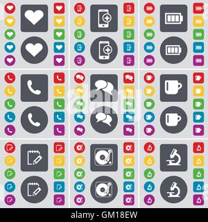 Heart, Smartphone, Battery, Receiver, Chat, Cup, Survey, Gramophone, Microscope icon symbol. A large set of flat, colored buttons for your design. Vector Stock Vector