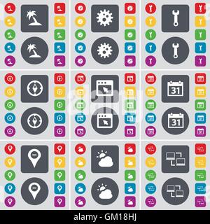 Palm, Gear, Wrench, Compass, Window, Calendar, Checkpoint, Cloud, Connection icon symbol. A large set of flat, colored buttons for your design. Vector Stock Vector
