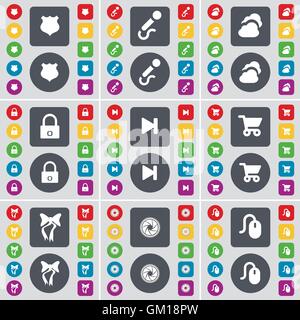 Police badge, Microphone, Cloud, Lock, Media skip, Shopping cart, Bow, Lens, Mouse icon symbol. A large set of flat, colored buttons for your design. Vector Stock Vector