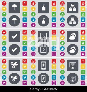 Umbrella, Flag tower, Network, Tick, Arrow right, Cloud, Scissors, Smartphone, Monitor icon symbol. A large set of flat, colored buttons for your design. Vector Stock Vector