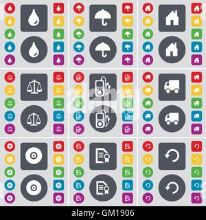 Drop, Umbrella, House, Scales, MP3, Truck, Disk, Text file, Reload icon symbol. A large set of flat, colored buttons for your design. Vector Stock Vector