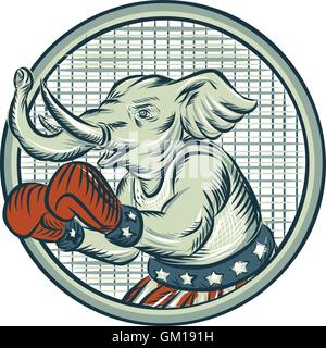 Republican Elephant Boxer Mascot Circle Etching Stock Vector