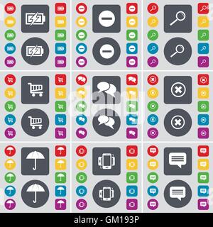 Charging, Minus, Magnifying glass, Shopping cart, Chat, Stop, Umbrella, Smartphone, Chat icon symbol. A large set of flat, colored buttons for your design. Vector Stock Vector