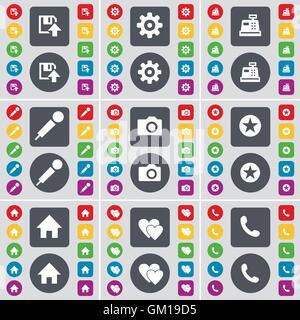 Floppy, Gear, Cash register, Microphone, Camera, Star, House, Hearts, Receiver icon symbol. A large set of flat, colored buttons for your design. Vector Stock Vector