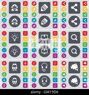 Avatar, Pencil, Share, Light bulb, Monitor, Magnifying glass, Train, Headphones, CCTV icon symbol. A large set of flat, colored buttons for your design. Vector Stock Vector