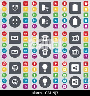 Alarm clock, Talk, Battery, Charging, Retro phone, Camera, Web cursor, Light bulb, Share icon symbol. A large set of flat, colored buttons for your design. Vector Stock Vector