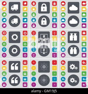 Truck, Lock, Cloud, Gear, Monitor, Binoculars, Quotation mark, Star, Gear icon symbol. A large set of flat, colored buttons for your design. Vector Stock Vector