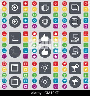 Plus, Smartphone, Window, Cigarette, Like, PC, Window, Light bulb, Cocktail icon symbol. A large set of flat, colored buttons for your design. Vector Stock Vector