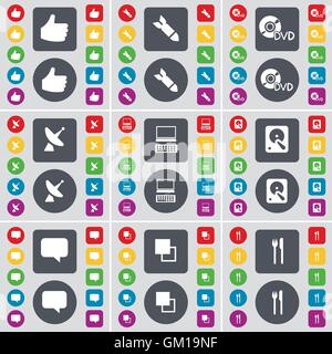 Hand, Rocket, DVD, Satellite dish, Laptop, Hard drive, Chat bubble, Copy, Fork and knife icon symbol. A large set of flat, color Stock Vector