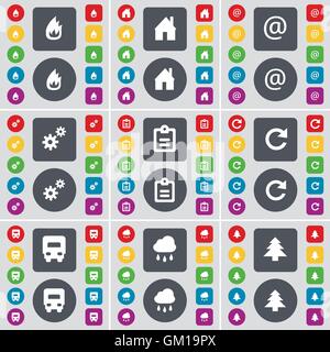 Fire, House, Mail, Gear, Survey, Reload, Truck, Cloud, Firtree icon symbol. A large set of flat, colored buttons for your design. Vector Stock Vector