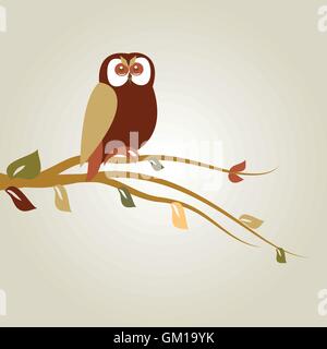 Autumn background with cartoon owl on tree branch Stock Vector