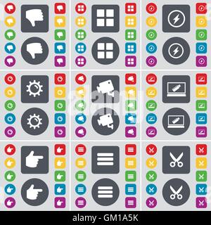 Dislike, Apps, Flash, Gear, CCTV, Laptop, Hand, Apps, Scissors icon symbol. A large set of flat, colored buttons for your design. Vector Stock Vector