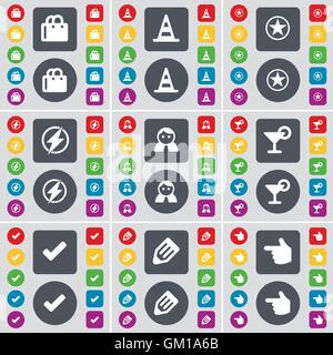 Shopping bag, Cone, Star, Flash, Avatar, Cocktail, Tick, Pencil, Hand icon symbol. A large set of flat, colored buttons for your design. Vector Stock Vector
