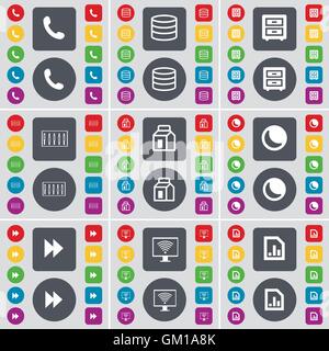 Receiver, Database, Bad-table, Equalizer, Packing, Moon, Rewind, Monitor, Graph file icon symbol. A large set of flat, colored buttons for your design. Vector Stock Vector