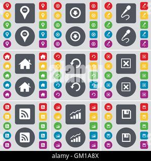 Checkpoint, Arrow down, Microphone, House, Reload, Stop, RSS, Graph, Floppy icon symbol. A large set of flat, colored buttons for your design. Vector Stock Vector