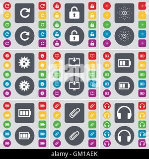 Reload, Lock, Star, Gear, Monitor, Battery, Clip, Heart icon symbol. A large set of flat, colored buttons for your design. Vector Stock Vector