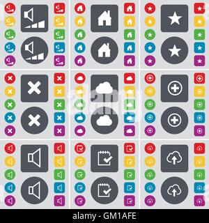 Volume, House, Star, Stop, Cloud, Plus, Sound, Survey icon symbol. A large set of flat, colored buttons for your design. Vector Stock Vector