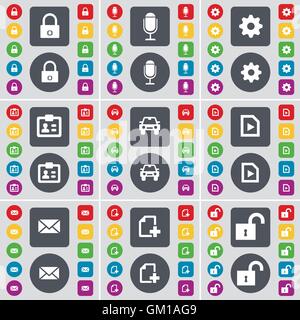Lock, Microphone, Gear, Contact, Auto, Play document, Message, Addition icon symbol. A large set of flat, colored buttons for your design. Vector Stock Vector