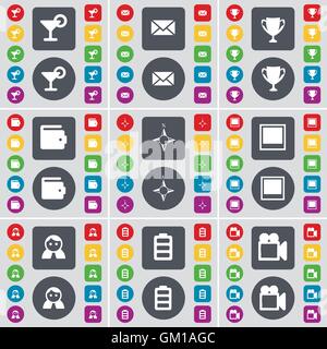 Cocktail, Message, Cup, Wallet, Compass, Window, Avatar, Battery, Film camera icon symbol. A large set of flat, colored buttons for your design. Vector Stock Vector