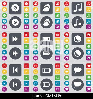 Disk, Cloud, Note, Rewind, Battery, Moon, Media skip, Chat cloud icon symbol. A large set of flat, colored buttons for your design. Vector Stock Vector