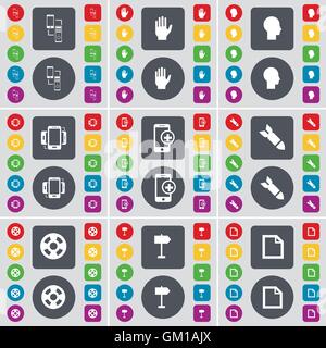 Connection, Hand, Silhouette, Smartphone, Rocket, Videotape, Signpost, File icon symbol. A large set of flat, colored buttons for your design. Vector Stock Vector