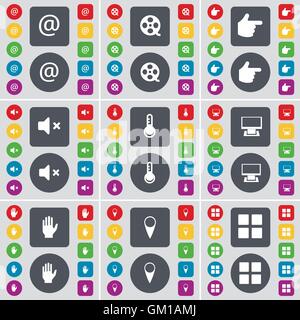 Mail, Videotape, Hand, Mute, Thermometer, Monitor, Hand, Checkpoint, Apps icon symbol. A large set of flat, colored buttons for your design. Vector Stock Vector