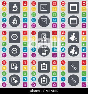 Microscope, Arrow down, Window, Minus, Smartphone, Bell, Floppy, icon symbol. A large set of flat, colored buttons for your design. Vector Stock Vector