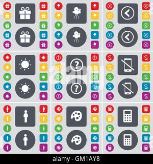 Gift, Film camera, Arrow left, Light, Question mark, Smartphone, Silhouette, Palette, Calendar icon symbol. A large set of flat, colored buttons for your design. Vector Stock Vector