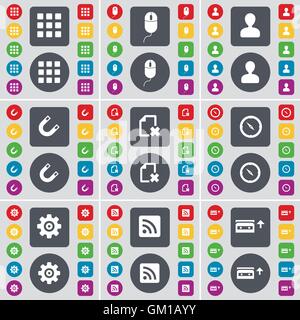 Apps, Mouse, Avatar, Magnet, File, Compass, Gear, RSS, Cassette icon symbol. A large set of flat, colored buttons for your design. Vector Stock Vector