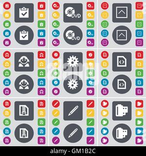 Survey, DVD, Arrow up, Avatar, Gear, File, ZIP file, Pencil, Negative films icon symbol. A large set of flat, colored buttons for your design. Vector Stock Vector