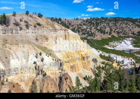 View of a colorful yellow cliff with the Yellowstone River passing below in Yellowstone National Park Stock Photo