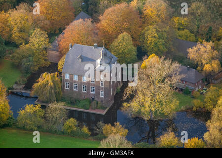 Aerial view, Haus Voerde in autumnal park, moated castle, Voerde ,, Ruhr area, north rhine-westphlia, Germany, Europe, Aerial Stock Photo